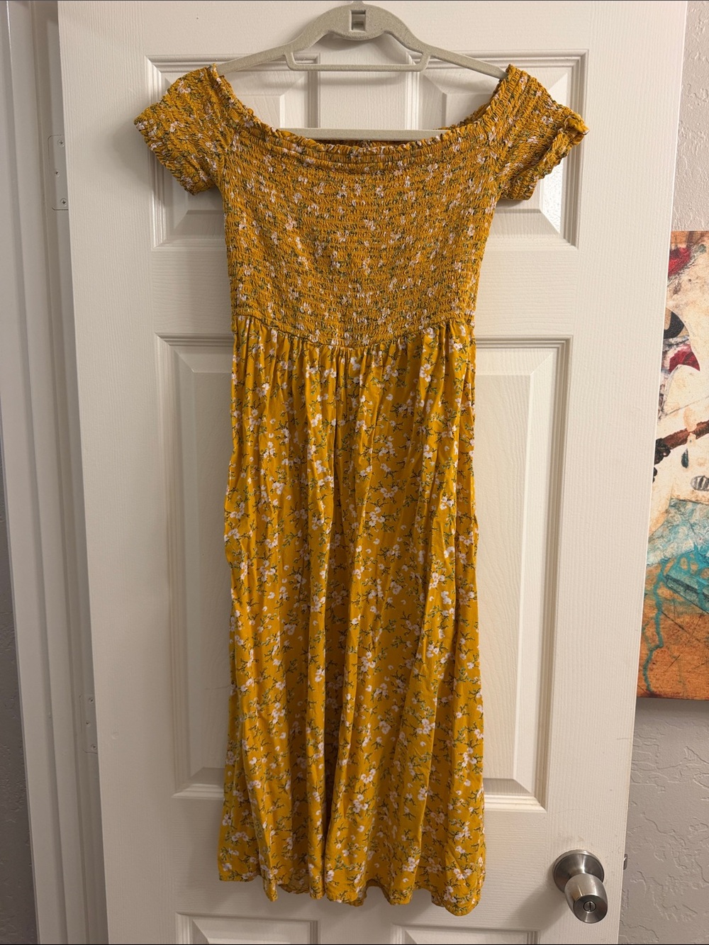 Old Navy Mustard Floral Smocked Top Midi Dress Boho - Picture 6 of 7